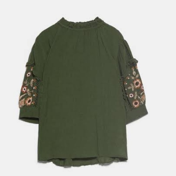 Zara Tops Olive Green Zara Top With Embroidered Sleeves Poshmark